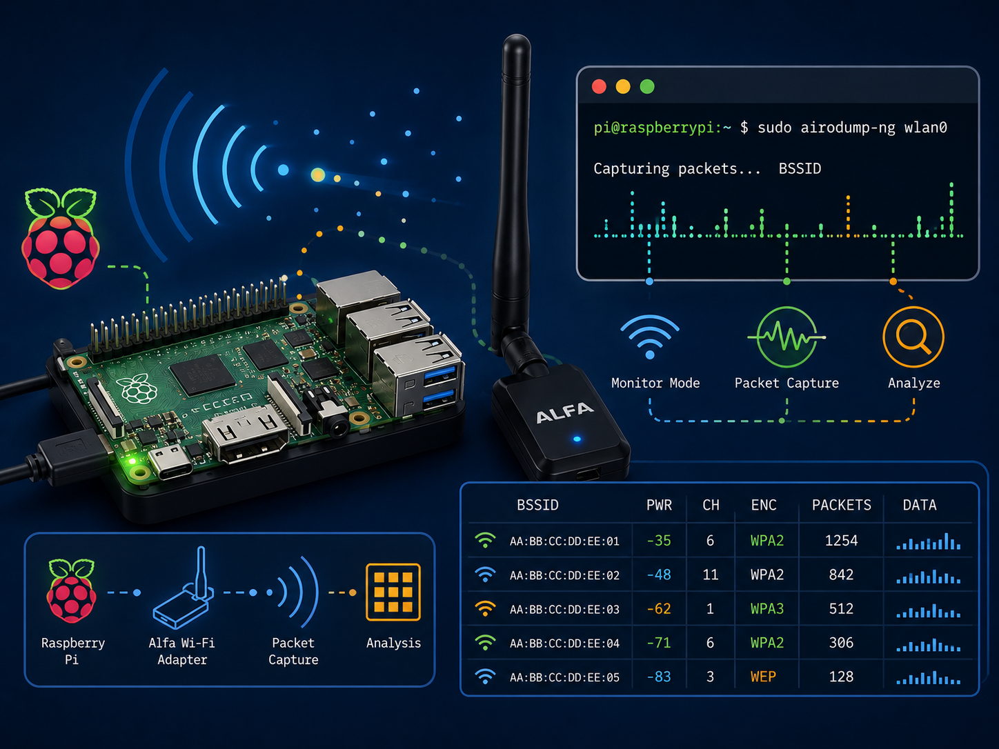Raspberry Pi and Alfa Wi-Fi Sniffer project graphic